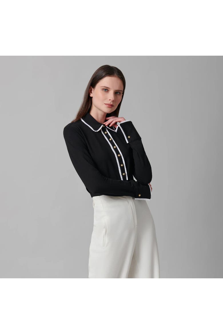 Women's Shirt  Faustine Black Designer Long Sleeve Shirt In Cotton Poplin With Pointed Collar, Alternate, color, Black