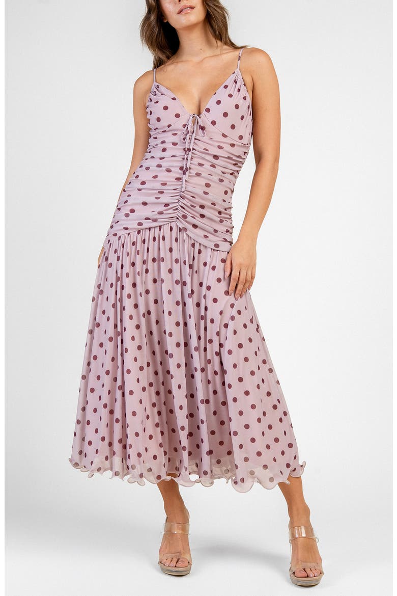 Ruched Tie Front Mesh Midi Dress, Alternate, color, MAUVE