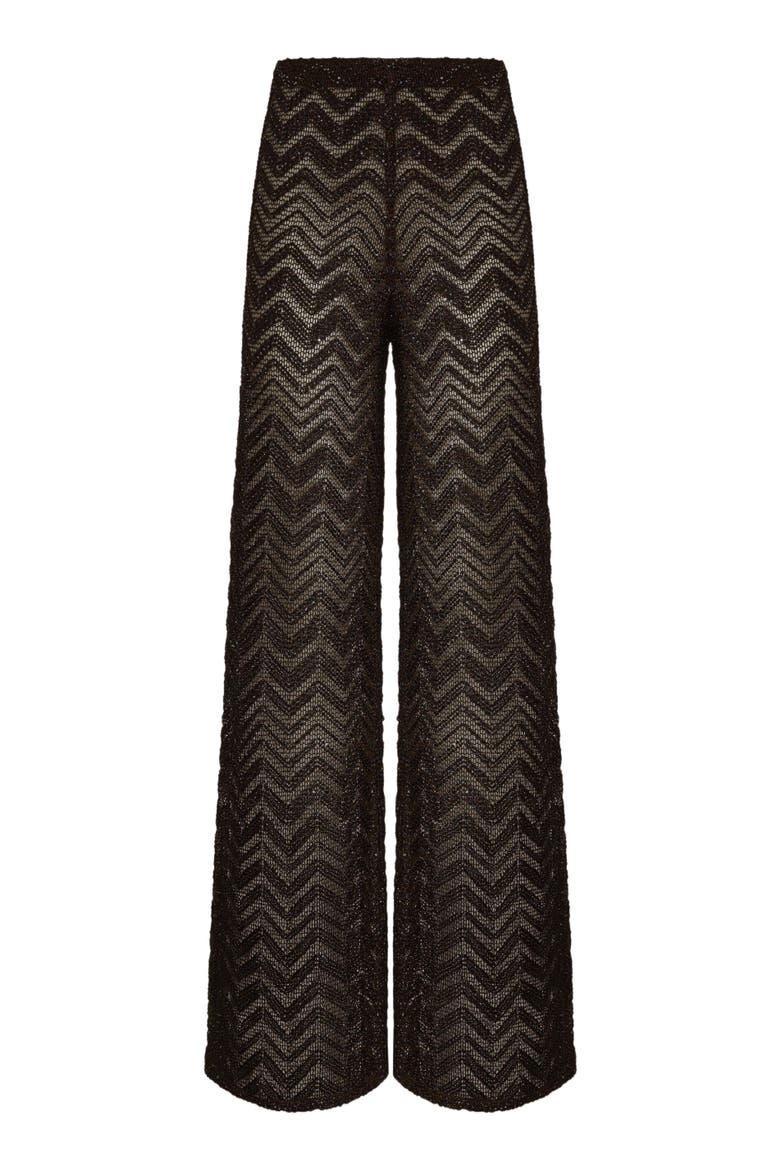 Wide Fishnet Trousers With Zigzag Pattern And Sequins, Alternate, color, Brown