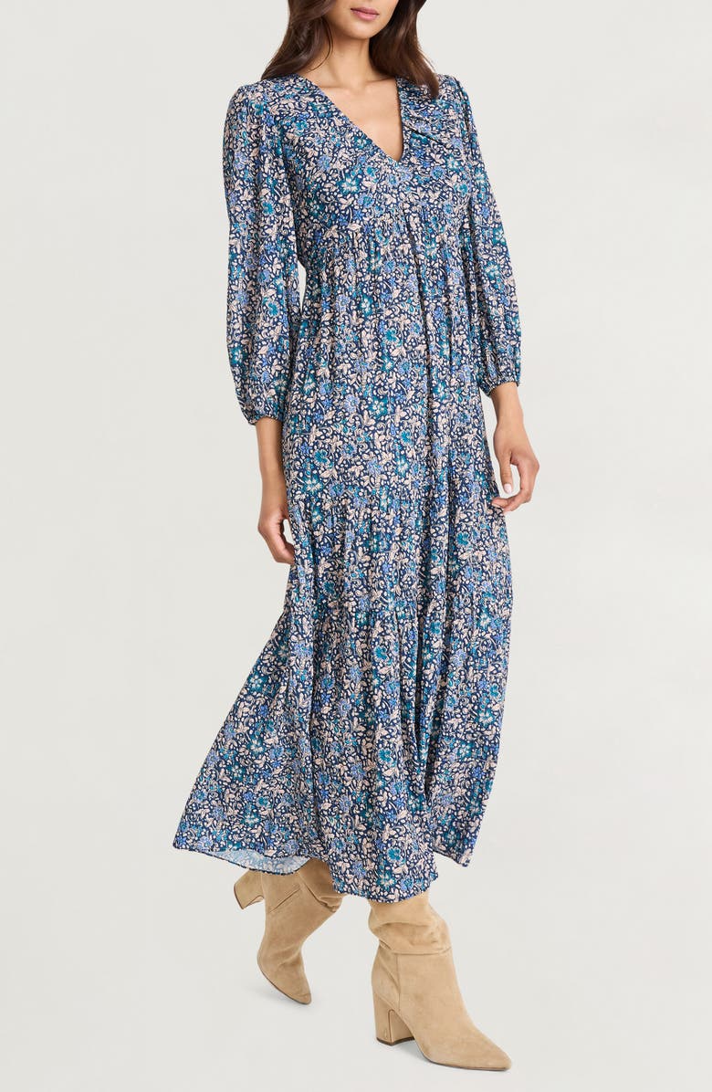 The Good Journey Floral Long Sleeve Empire Waist Tiered Maxi Dress, Alternate, color, Navy Blue/ Aqua