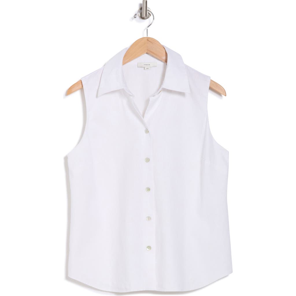 Vince Sleeveless Cotton Blend Button-up Shirt In Optic White