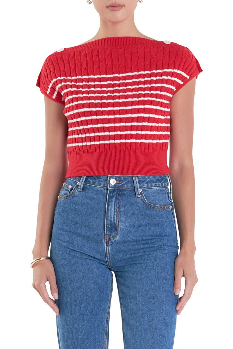 Button Shoulder Stripe Cable Stitch Sweater, Main, color, RED/ WHITE