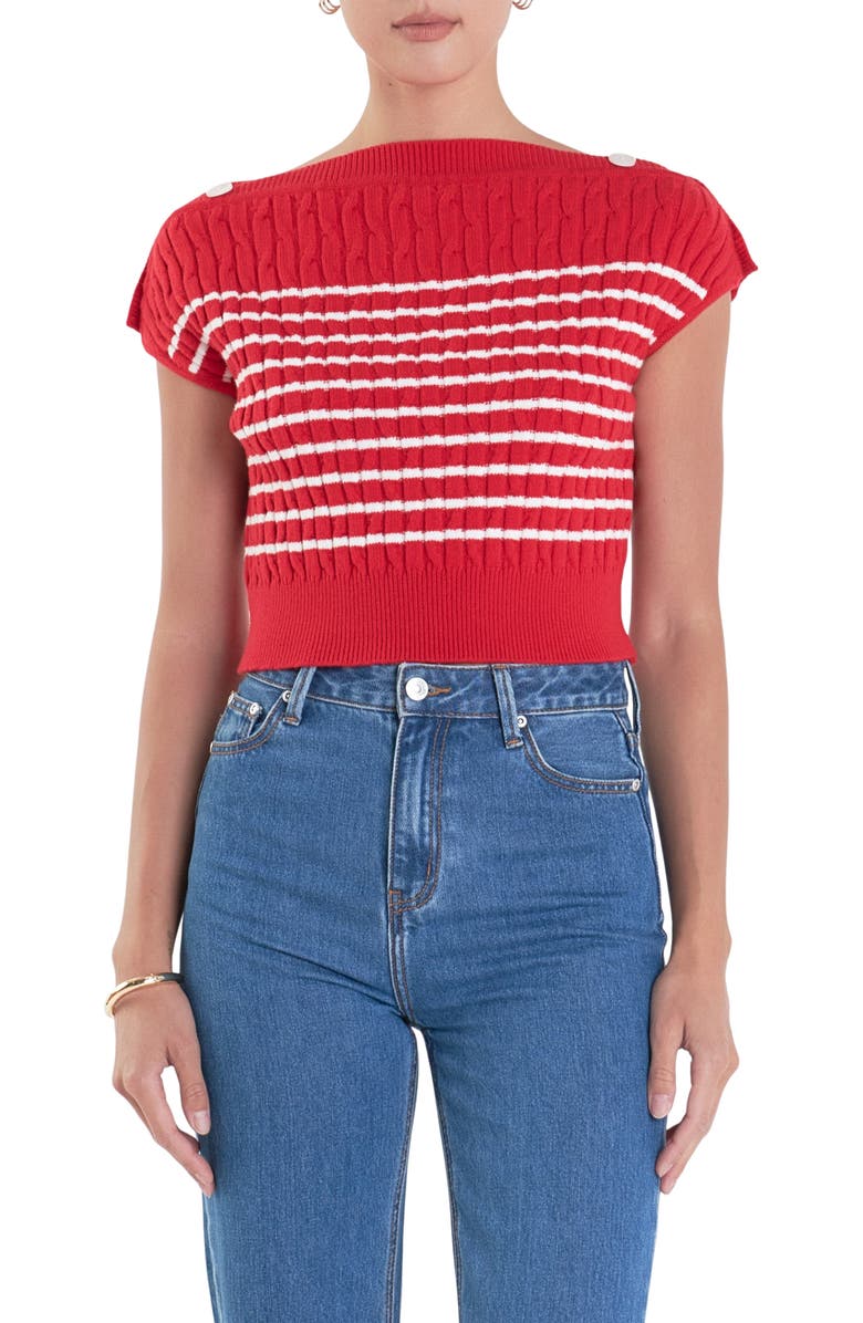English Factory Button Shoulder Stripe Cable Stitch Sweater, Main, color, Red/ White