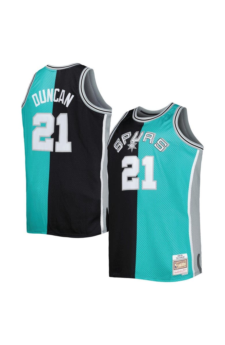 Mitchell & Ness Men's Mitchell & Ness Tim Duncan Black/Teal San Antonio Spurs Big & Tall Hardwood Classics 1998/99 Split Swingman Jersey, Main, color, Black