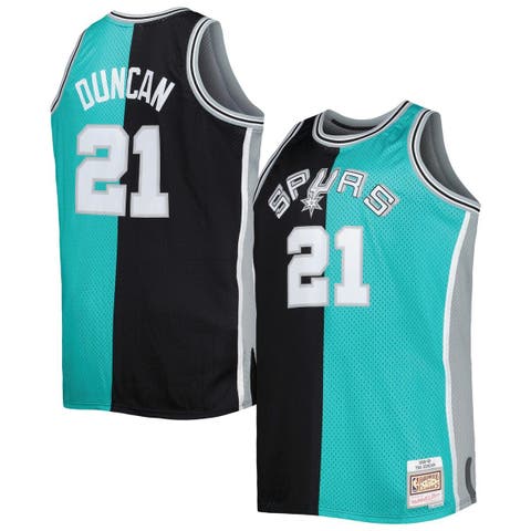 Men's Mitchell & Ness Tim Duncan Black/Teal San Antonio Spurs Big & Tall Hardwood Classics 1998/99 Split Swingman Jersey
