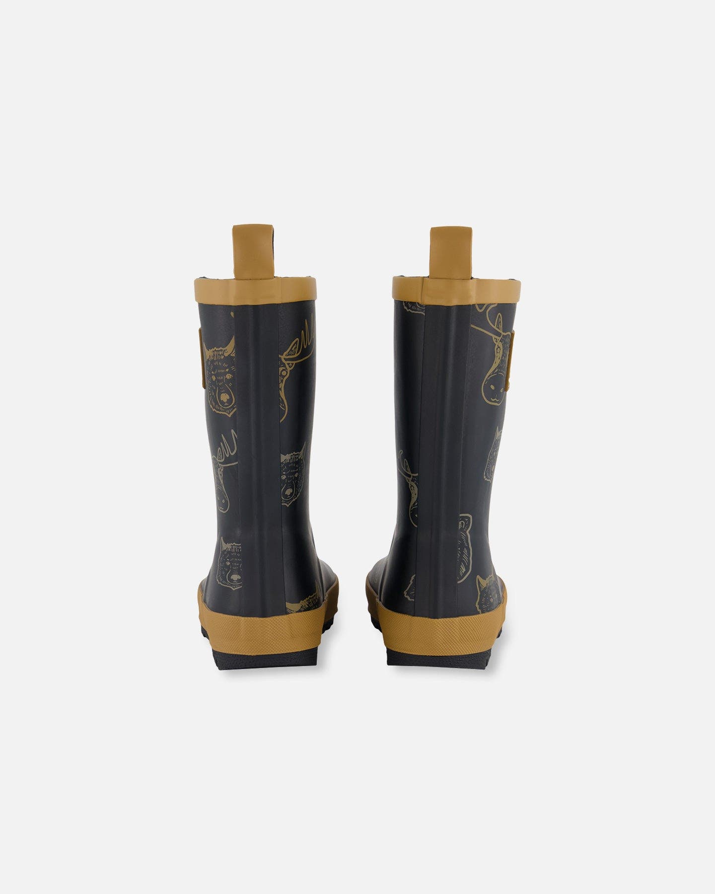 Deux par Deux Boy's Printed Rain Boots Beige Animals On Black Background, Alternate, color, 