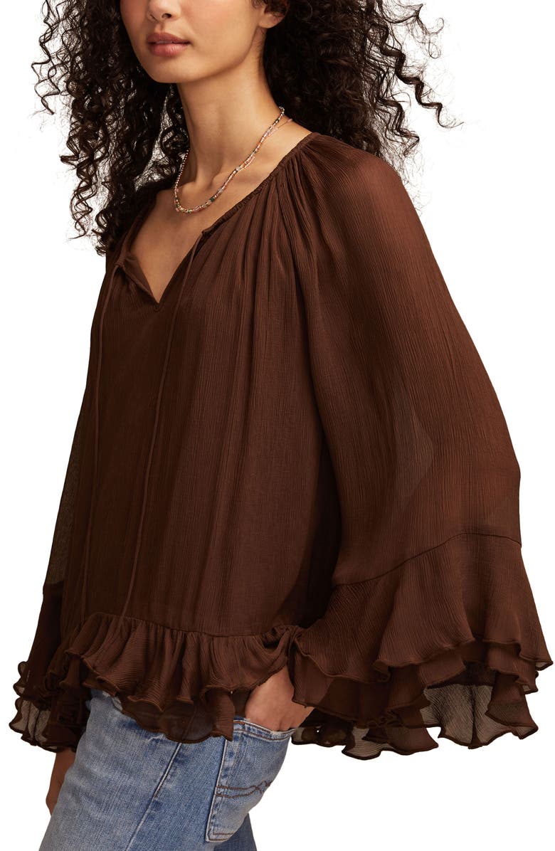 Lucky Brand Ruffle Chiffon Trapeze Top, Alternate, color, Chocolate Brown
