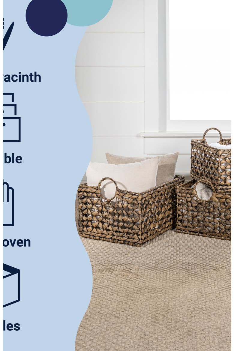 Quinn Bohemian Cottage Woven Hyacinth Rectangular Storage Baskets with Handles,, Alternate, color, Brown