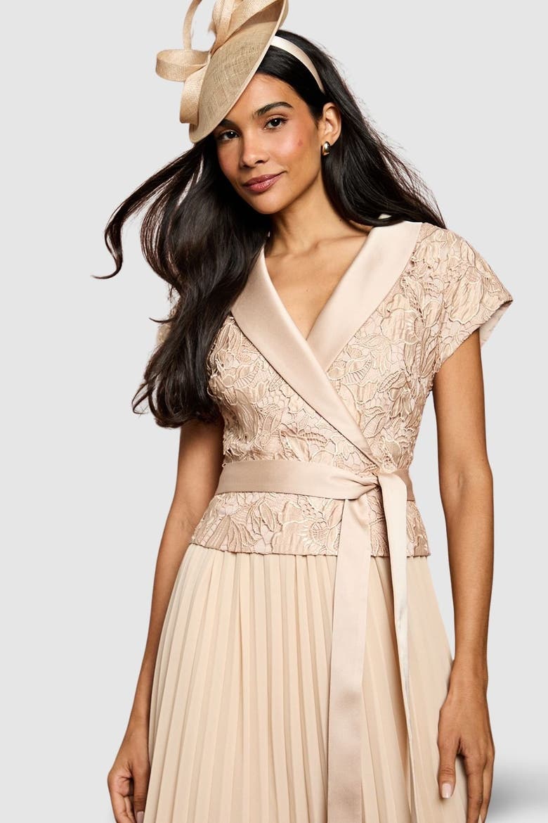 Lace Wrap Top Pleat Tux Midi Dress, Alternate, color, Champagne