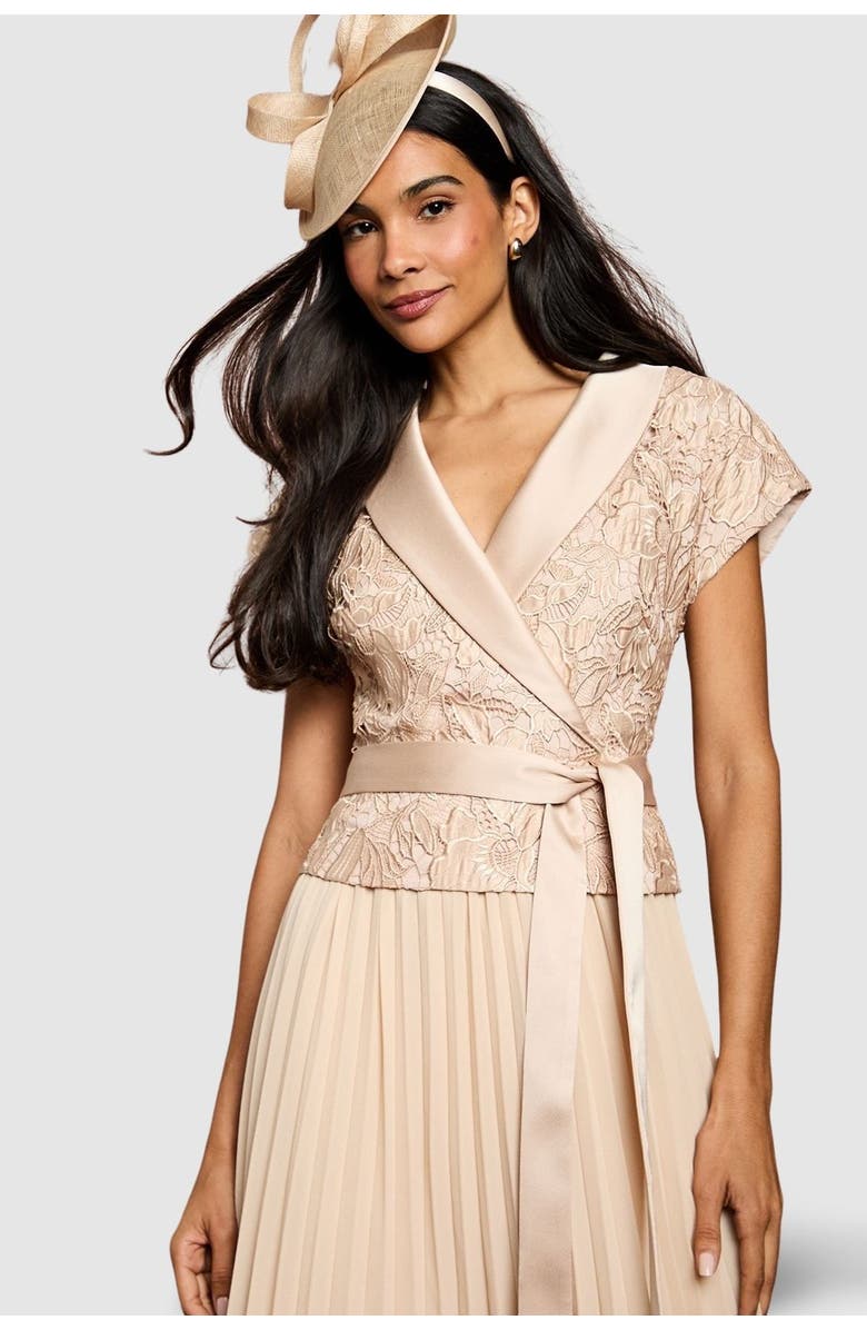 Coast Lace Wrap Top Pleat Tux Midi Dress, Alternate, color, Champagne