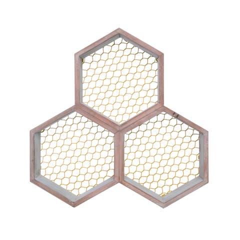 Wood 13.75" Brown Honey Comb Shelf Decor, Wall Art, Indoor Home Decor, Spring, 13.5" H x 13.75" L x 3.25" W, Spot Clean