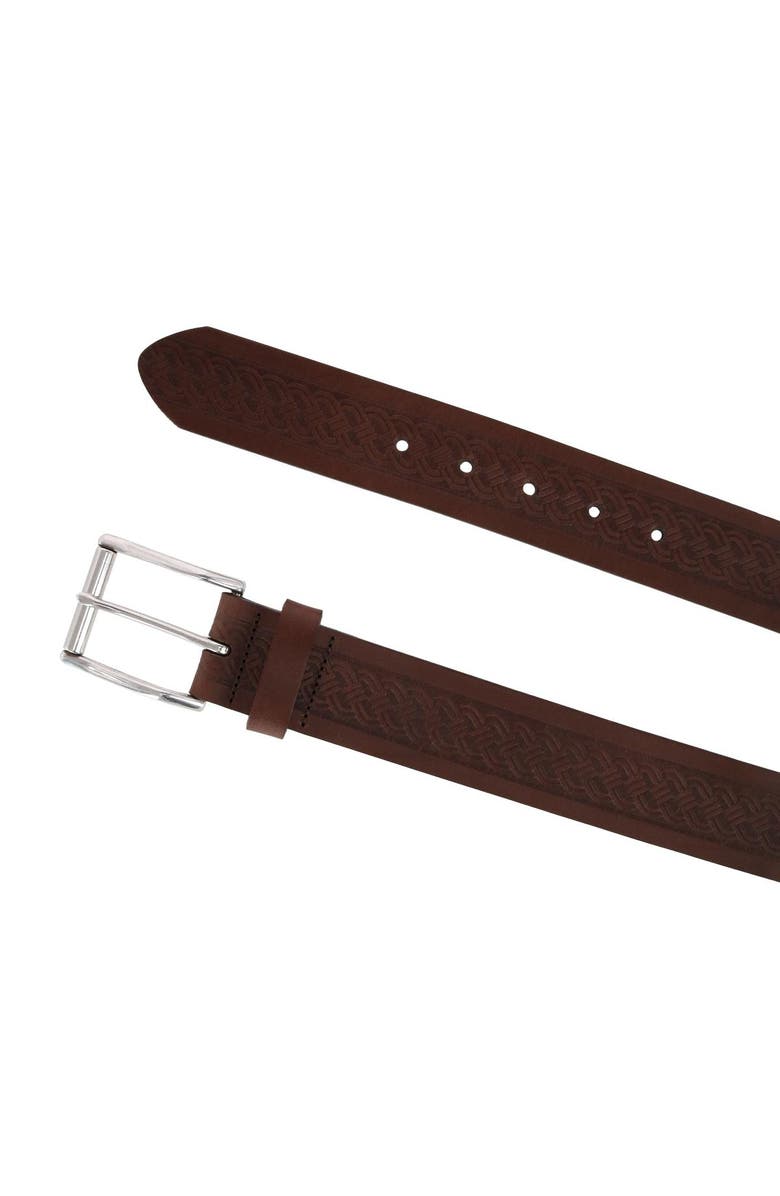 Trafalgar Grady 40mm Celtic Scroll Embossed Leather Jean Belt, Alternate, color, Brown