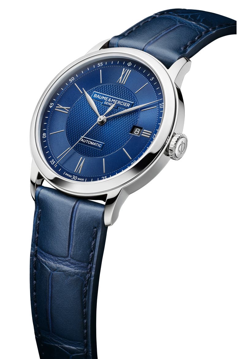 Classima Automatic Leather Strap Watch, 40mm, Alternate, color, BLUE