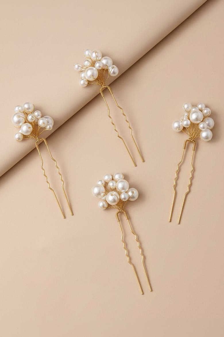 Set of 4 Pearls U Pins - White, Alternate, color, Metallic Gold