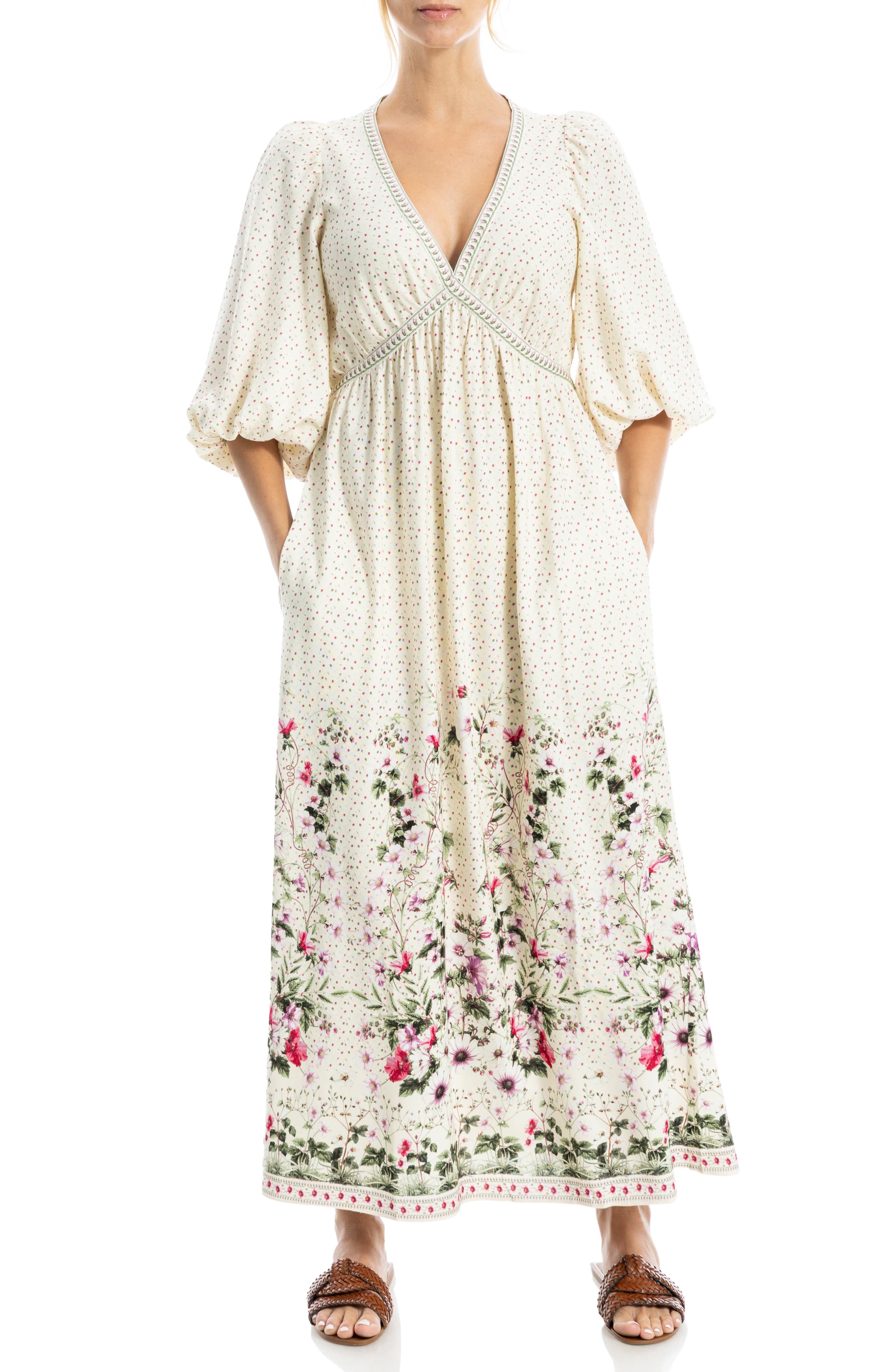 MAX STUDIO Puff Sleeve Plunge Neck Midi Dress