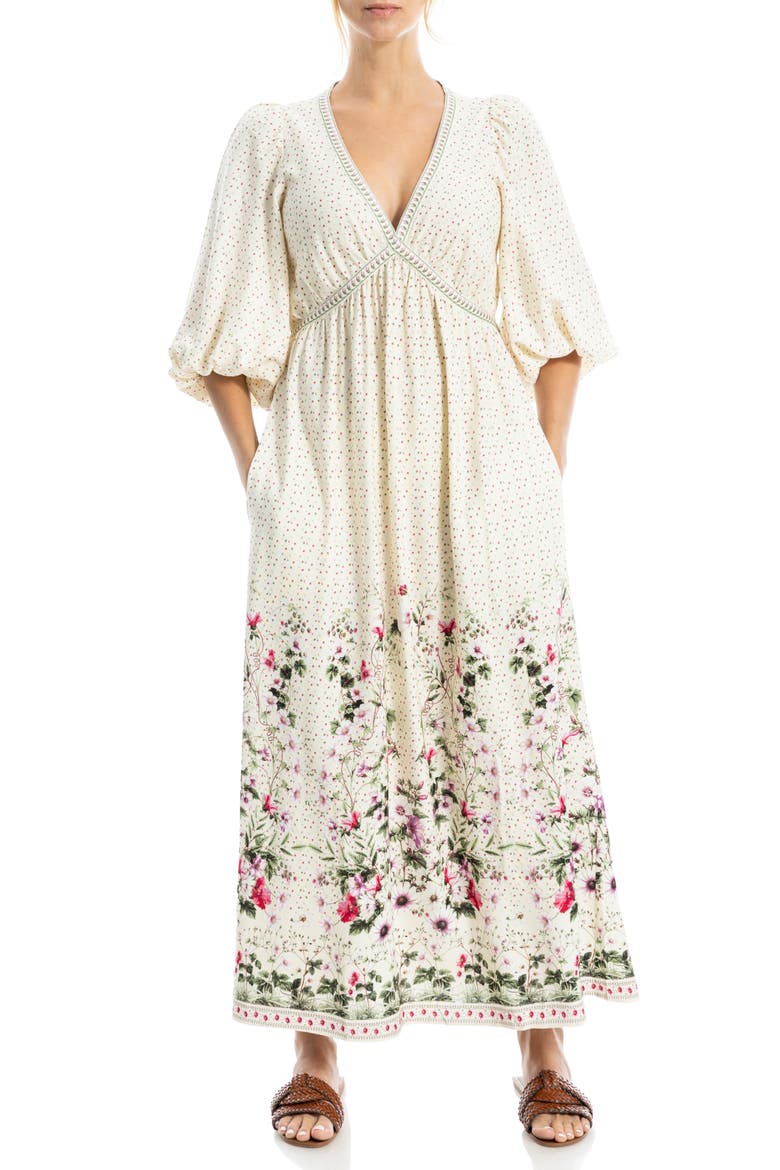 Puff Sleeve Plunge Neck Midi Dress, Main, color, CREAM/ PINK WILD MEADOWS