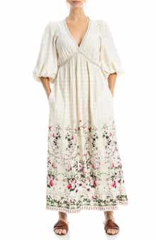 MAX STUDIO Puff Sleeve Plunge Neck Midi Dress