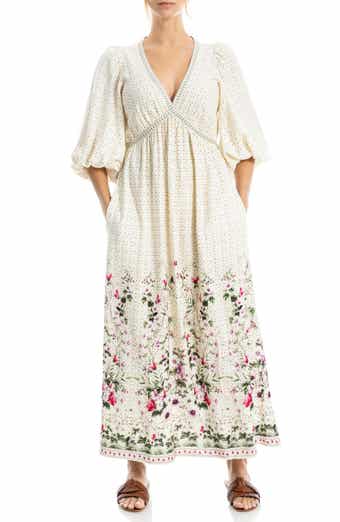 MAX STUDIO Puff Sleeve Plunge Neck Midi Dress