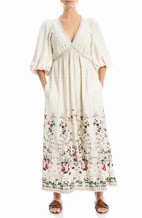 MAX STUDIO Puff Sleeve Plunge Neck Midi Dress