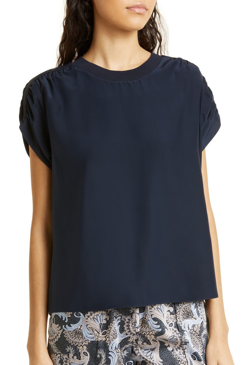 Lorainne Ruched Dolman Sleeve Silk Top, Alternate, color, NAVY