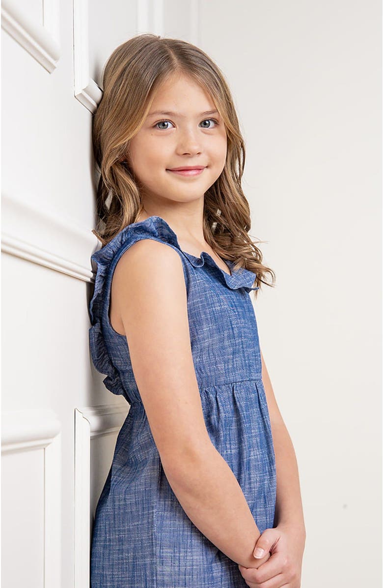 Hope & Henry Girls' Organic Ruffle Neck Jumpsuit, Kids, Alternate, color, Chambray