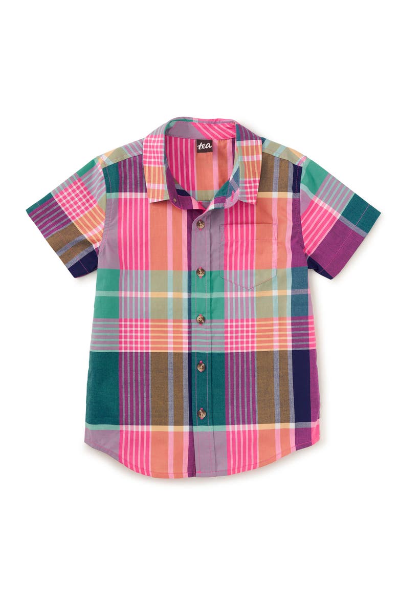 Plaid Button Up Woven Shirt, Main, color, Carnival Rainbow Plaid