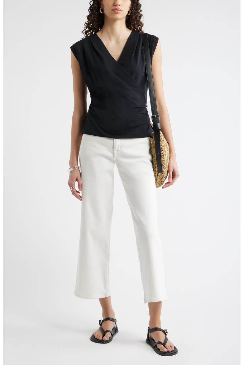 Pleated Faux Wrap Cap Sleeve Top, Alternate, color, BLACK