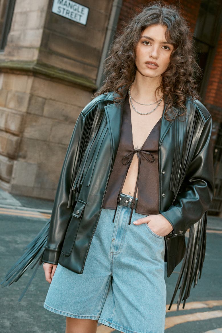 Fringe Faux Leather Belted Jacket, Main, color, Black