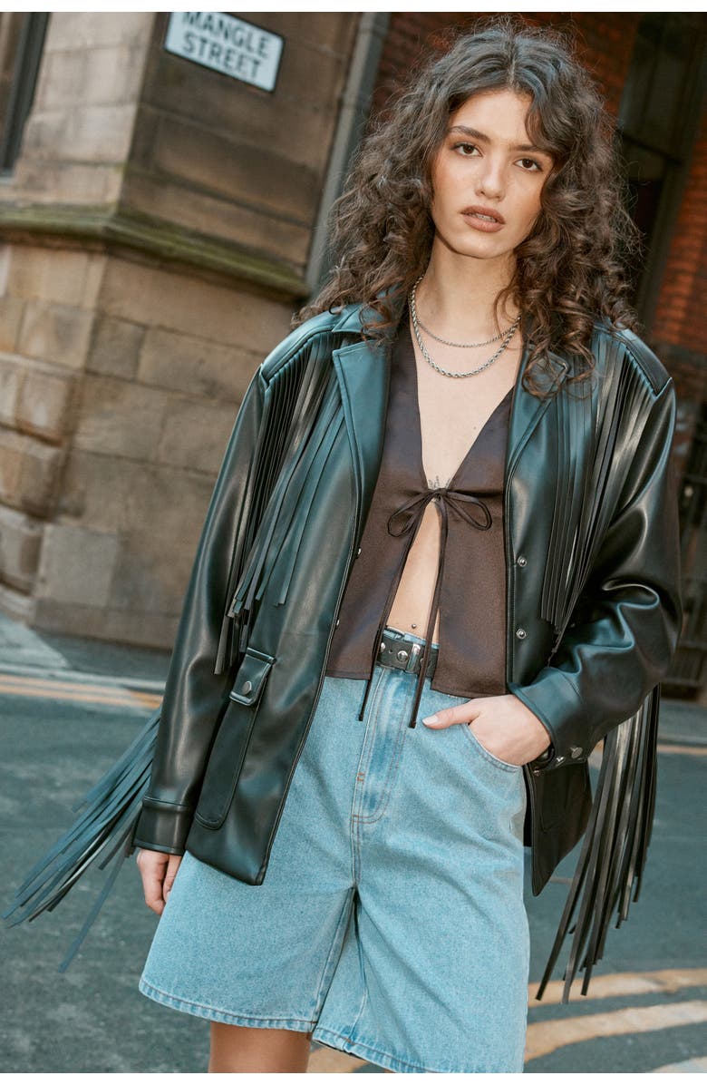 NASTY GAL Fringe Faux Leather Belted Jacket, Main, color, Black