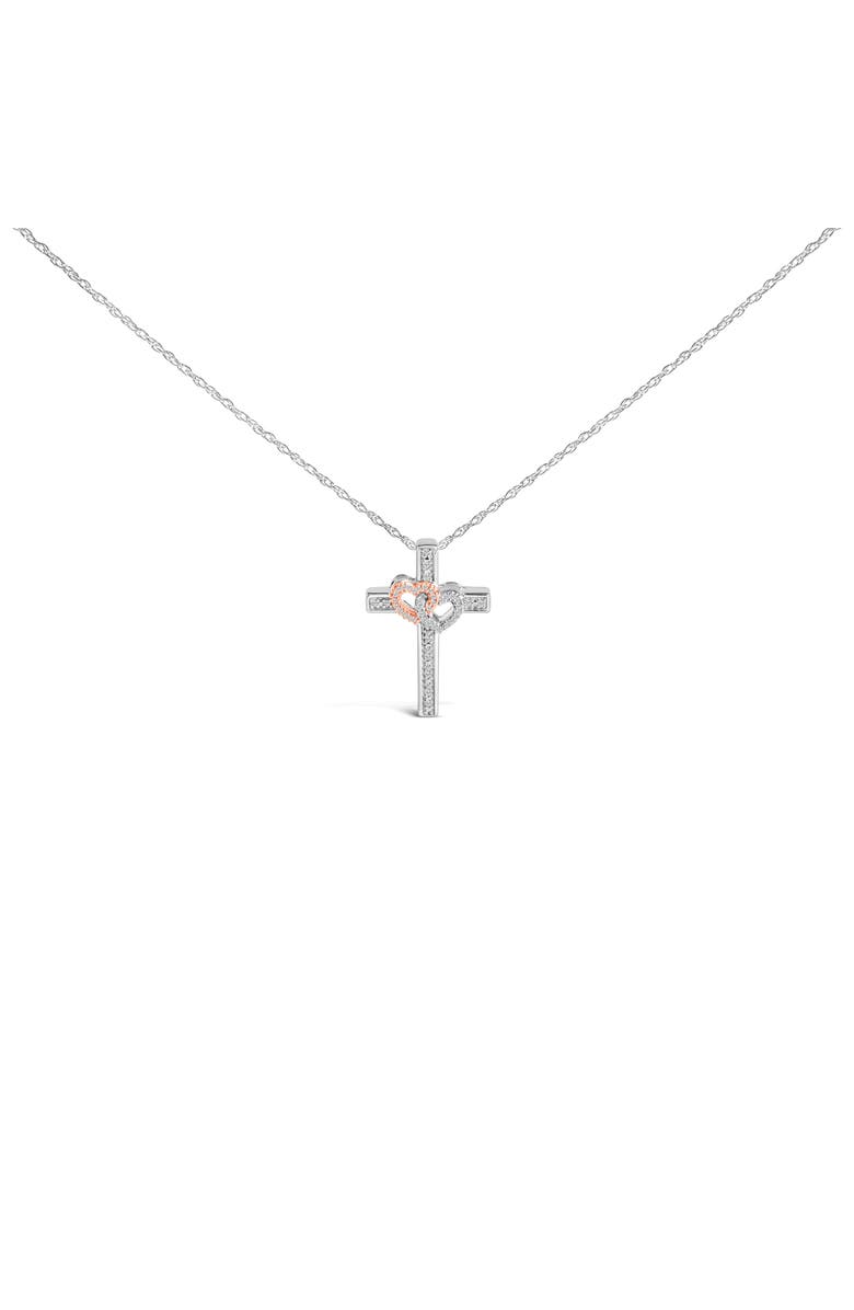 Haus of Brilliance 14K Rose Gold Plated Sterling Silver 1/10 Cttw Diamond Cross & Heart Pendant Necklace, Main, color, Silver