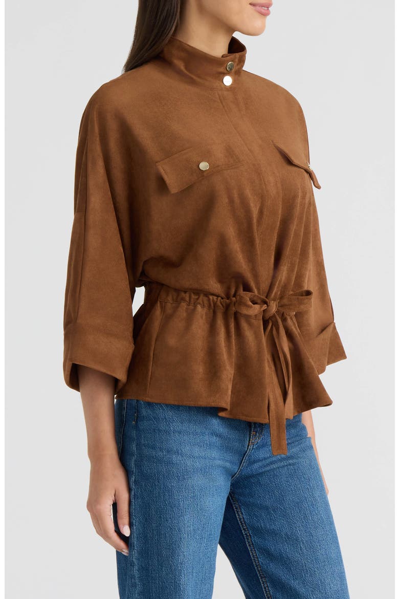 Faux Suede Tie Waist Jacket, Alternate, color, DARK TAN