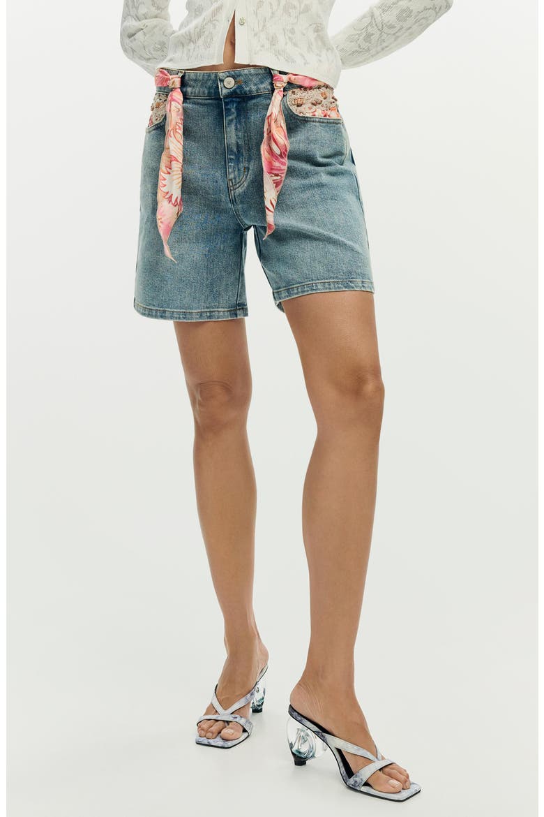 Embroidered Denim Shorts, Main, color, MEDIUM BLUE