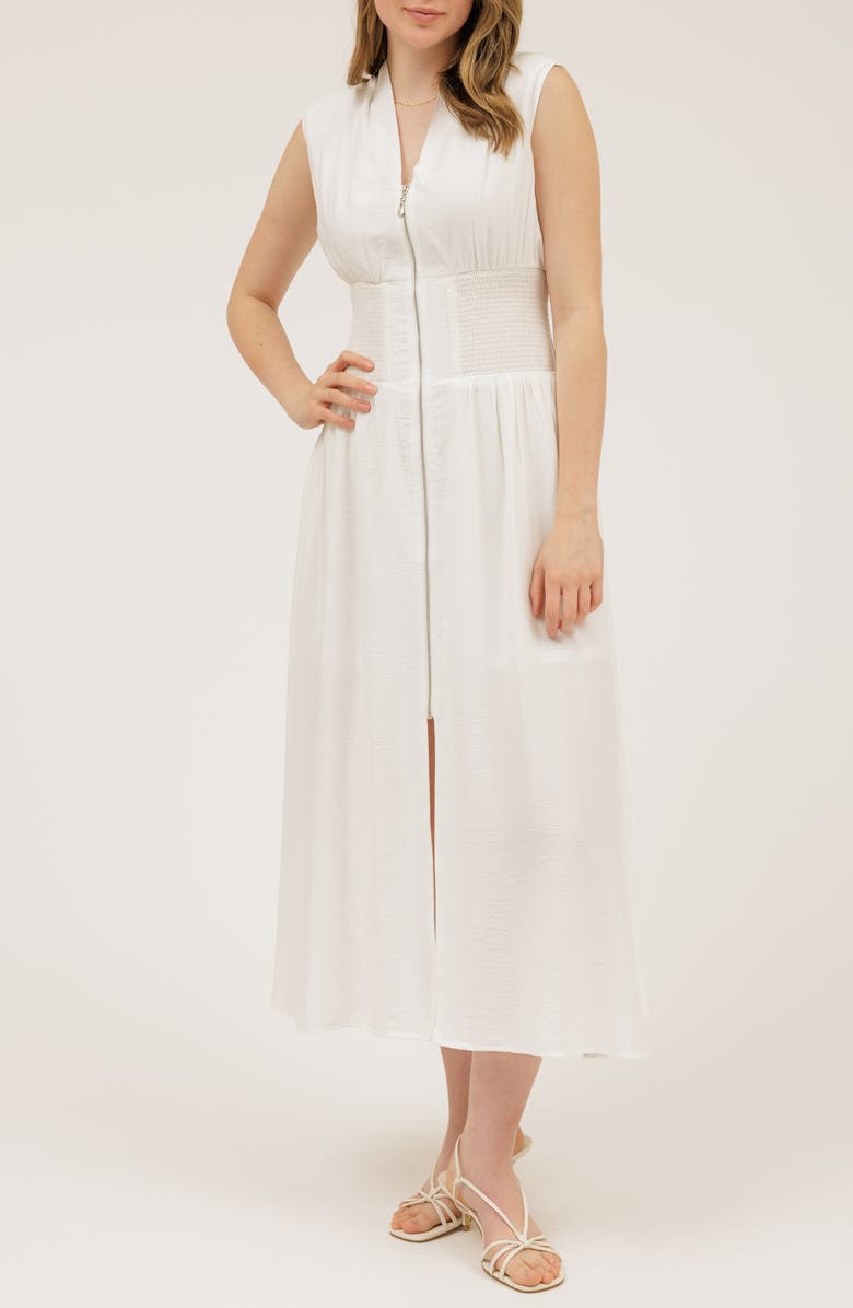 AUGUST SKY Front Zip Midi Dress, Main, color, White