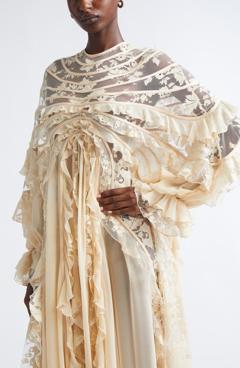 Zimmermann Rebellion Splice Long Sleeve Lace Ruffle Silk Maxi Dress, Alternate, color, Cream