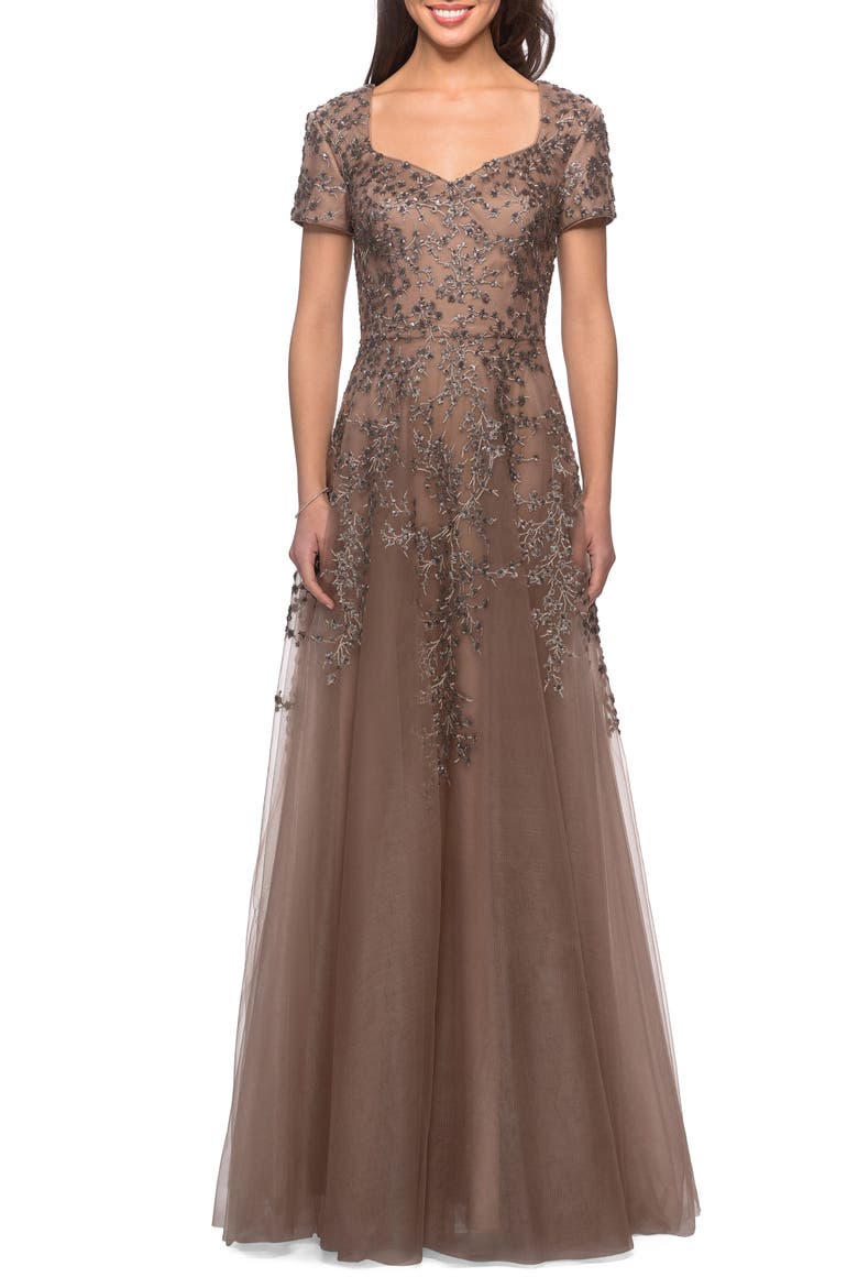 Embellished Tulle A-Line Gown, Main, color, COCOA