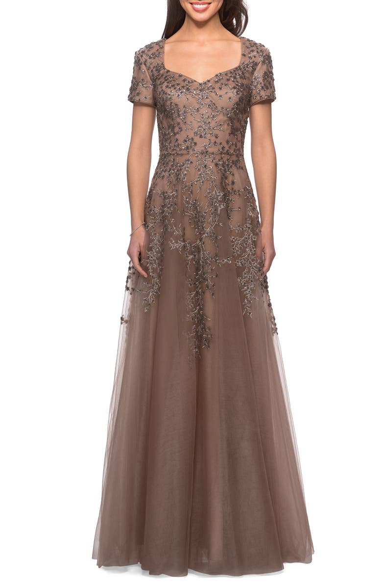 La Femme Embellished Tulle A-Line Gown, Main, color, 