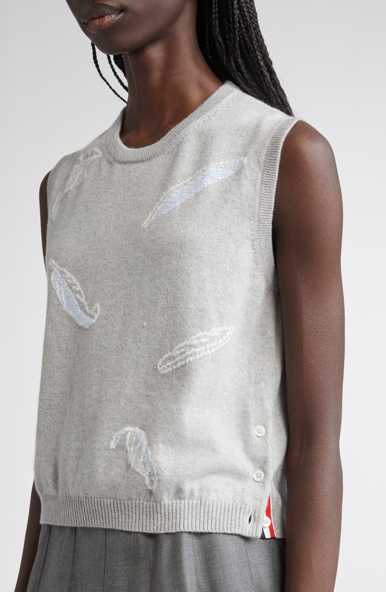 Thom Browne Feather Intarsia Cashmere Sweater Vest, Alternate, color, Pale Grey