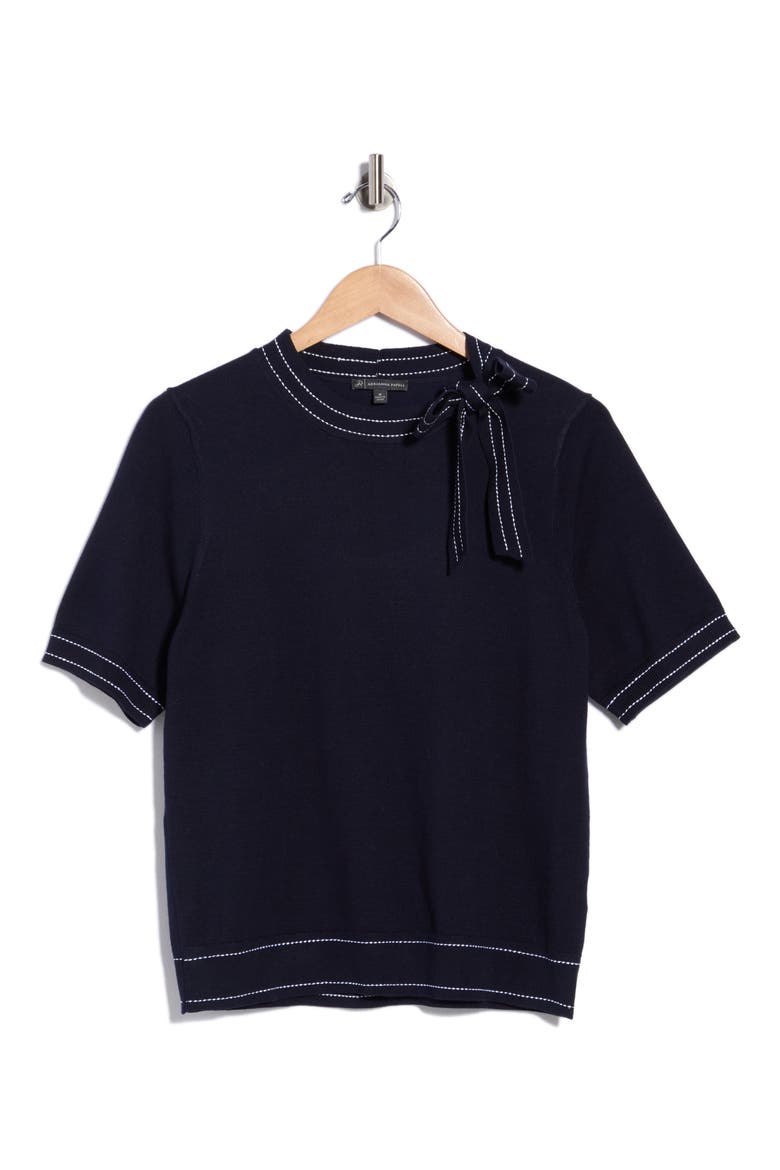 Side Tie Short Sleeve Sweater, Main, color, NAVY/ CREAM