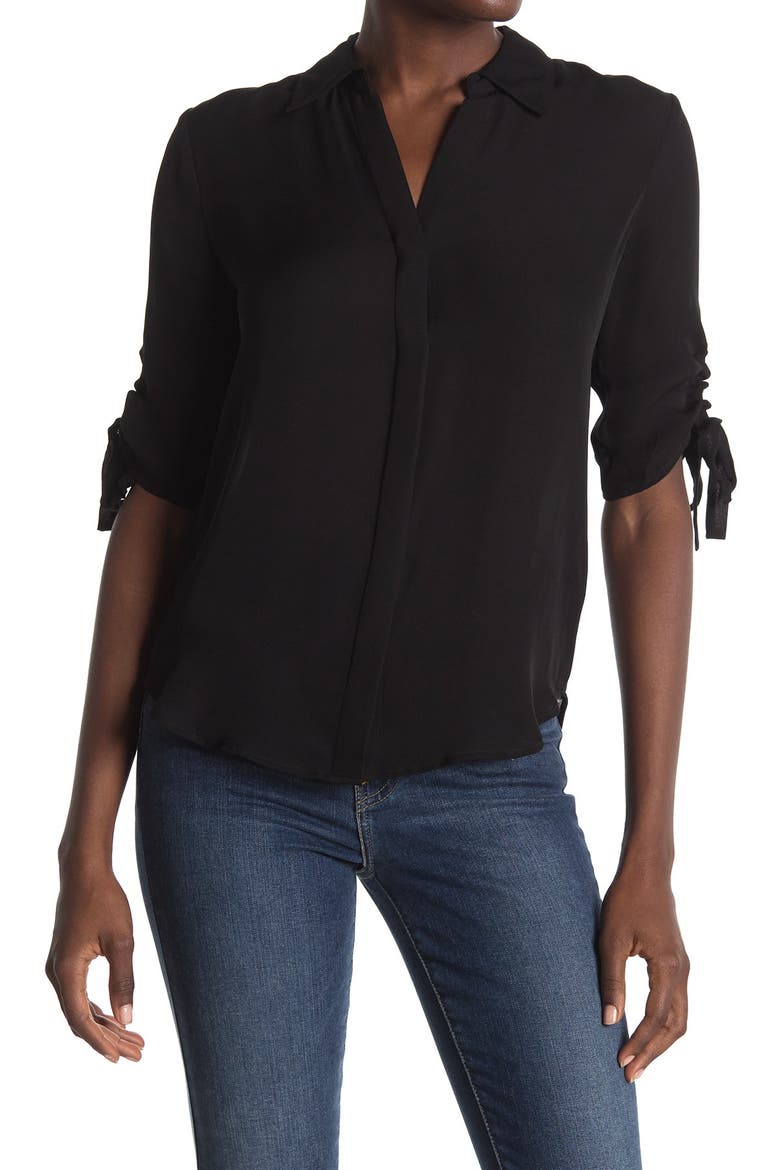 Isa Ruched Sleeve Silk Blouse, Main, color, BLACK