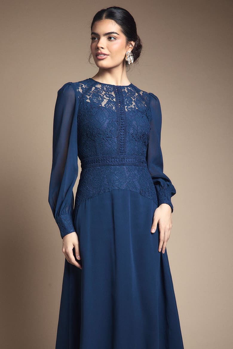 Lace Insert Chiffon Midi Dress, Alternate, color, Navy