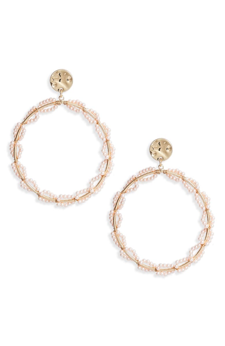 Rachel Parcell Tiny Imitation Pearl Wrapped Frontal Hoop Earrings, Main, color, 