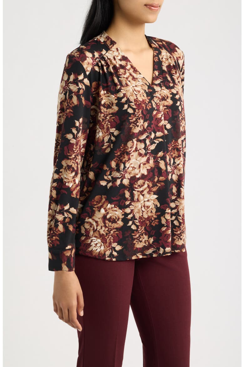 Printed Notched V-Neck Long Sleeve Top, Alternate, color, ANNE BLACK MULTI