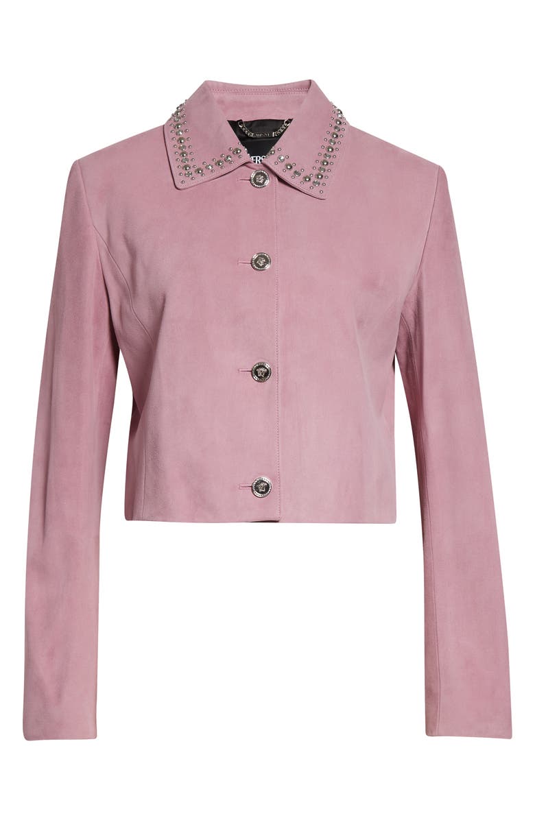 Versace Studded Collar Suede Jacket, Main, color, Dusty Mauve