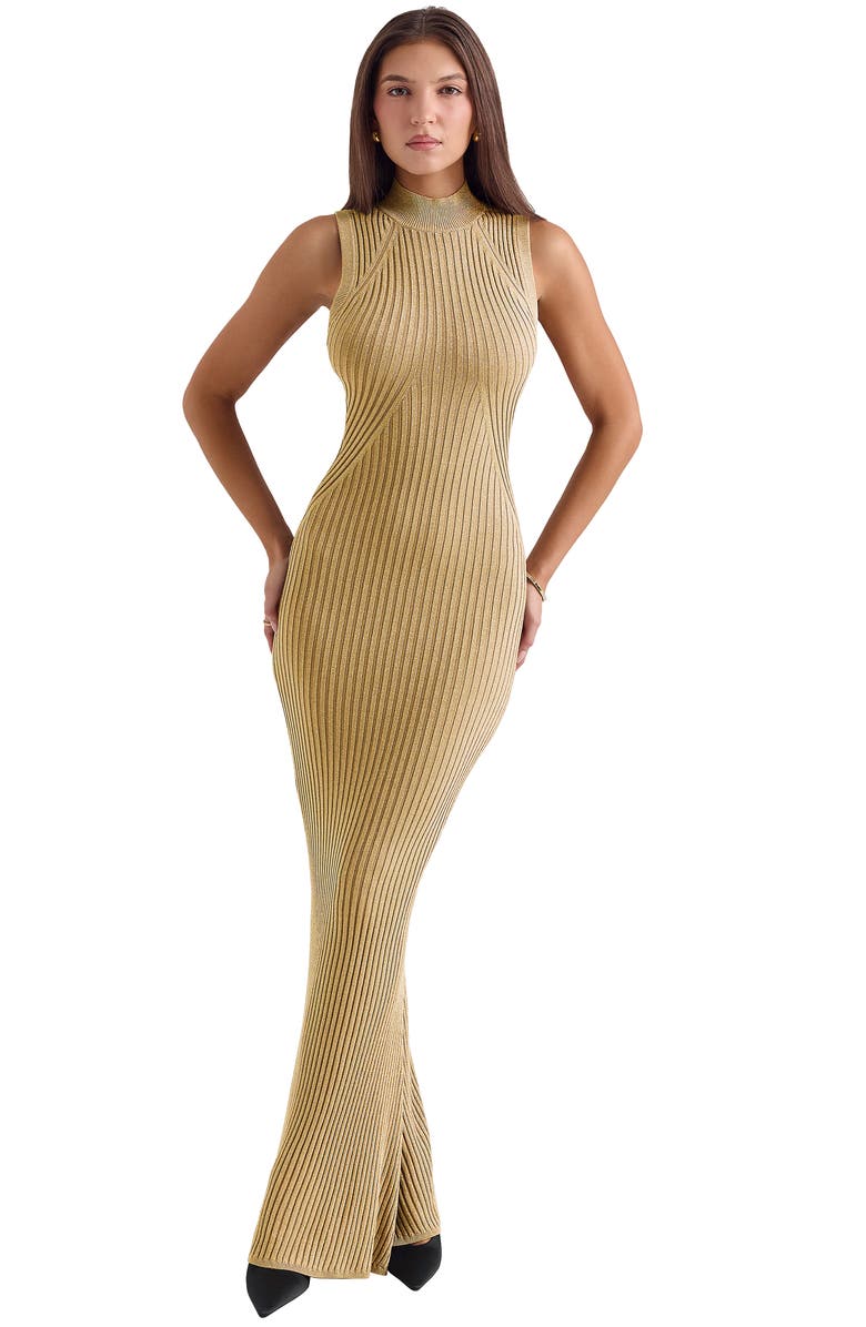HOUSE OF CB Emmie Metallic Rib Mock Neck Maxi Dress, Alternate, color, Gold