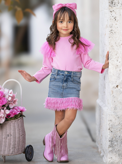 Mia Belle Girls Girls Pink Ruffle Top And Feather Trim Denim Skirt Set In Pink