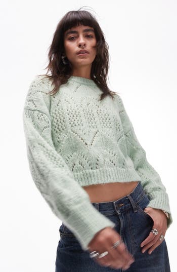 Shop Topshop Pointelle Crewneck Sweater In Light Teal
