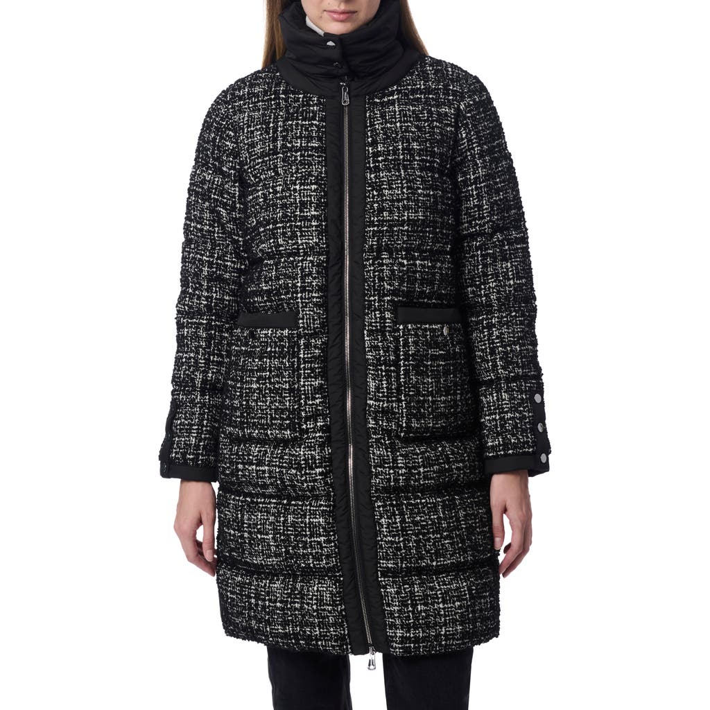 Bernardo Reversible Mixed Media Puffer Coat with Removable Funnel Collar in Black/White