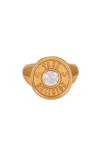 True Religion Crystal Button Logo Ring In Goldtone