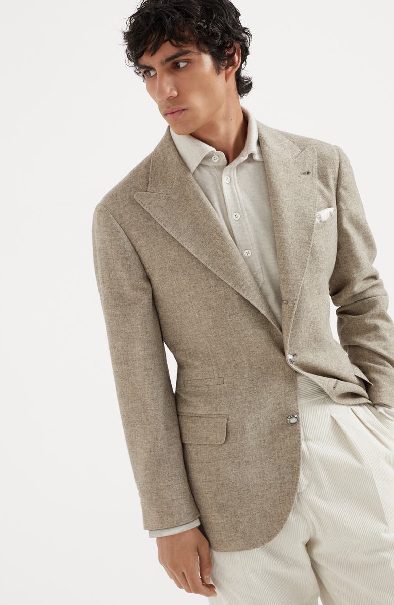 Brunello Cucinelli Yak deconstructed blazer with large peak lapels and metal buttons, Alternate, color, 