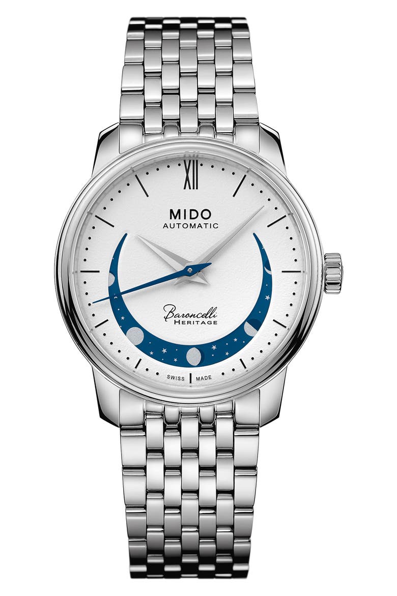 Baroncelli Heritage Smiling Moon Bracelet Watch, 33mm, Main, color, SILVER/ WHITE